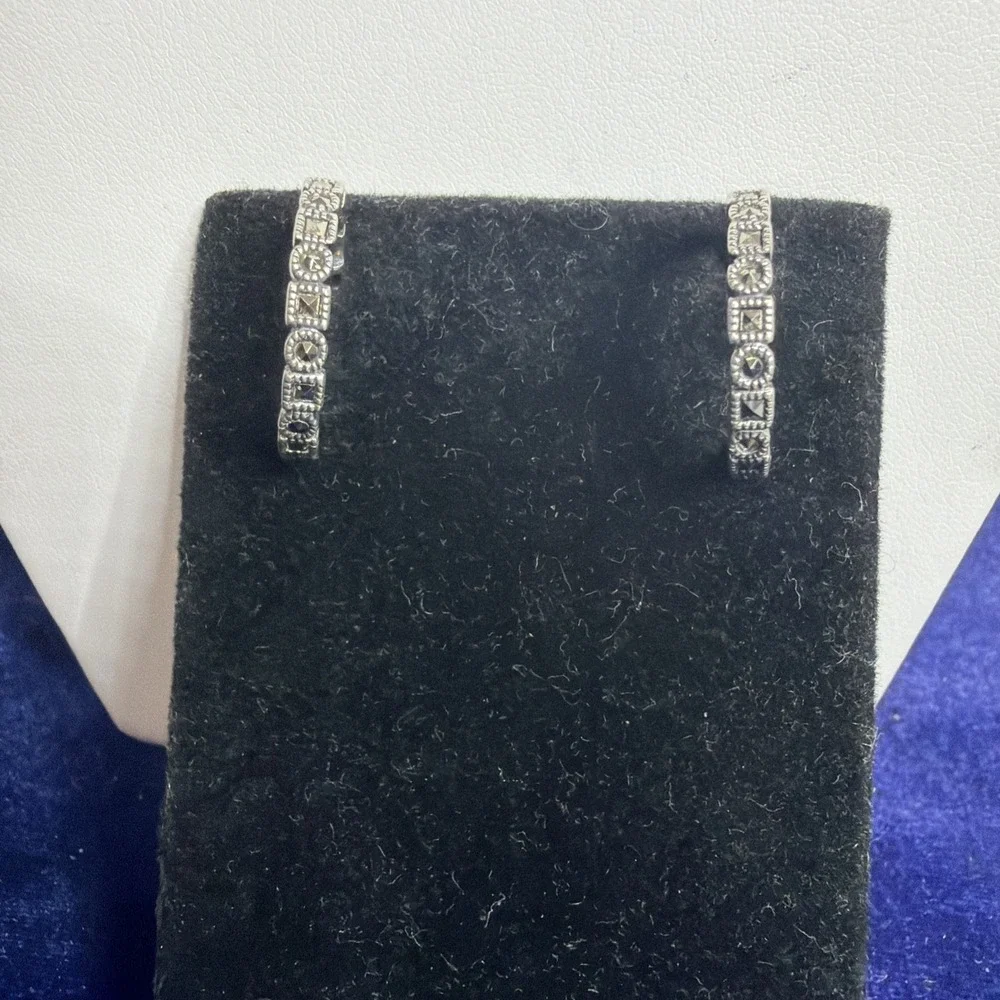 Vintage Sterling Silver 925 Marcasite Hoop Earrings Jewelry 4.5g